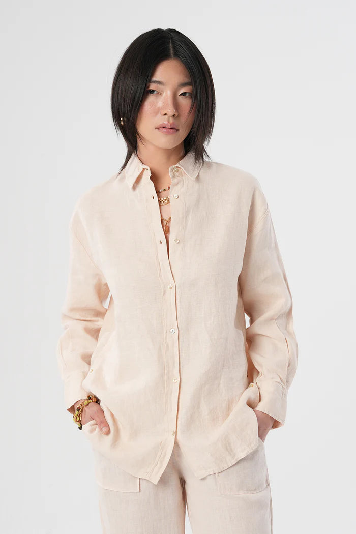 Light Beige Linen Shirt with Side Buttons